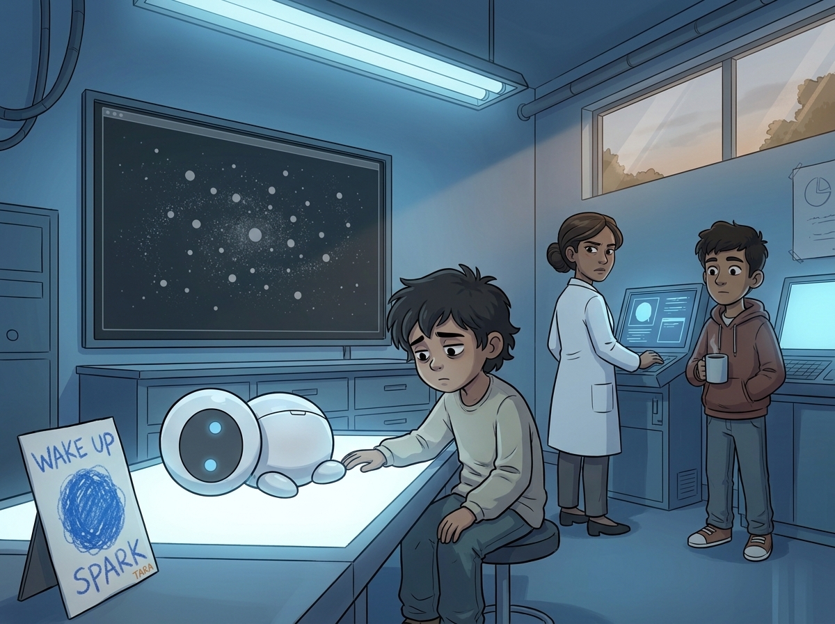 The Wren Institute repair room before dawn, Spark sealed and dark on the white bench, Milo slumped on a stool nearby