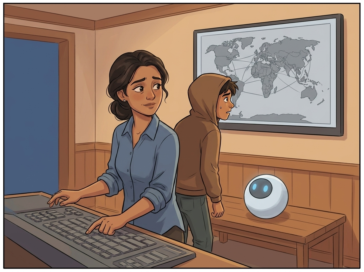 Dr. Lena at the terminal, finger hovering over a key, looking back at Milo with guilt and gentleness, Ravi beside her