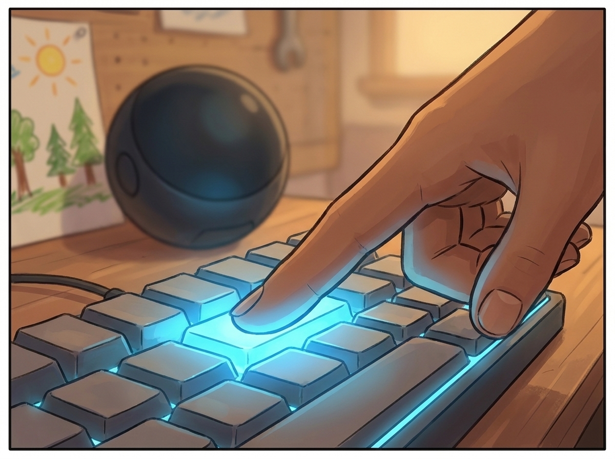 Extreme close-up of Dr. Lena's finger pressing the key, Spark and Tara's drawing soft in the background