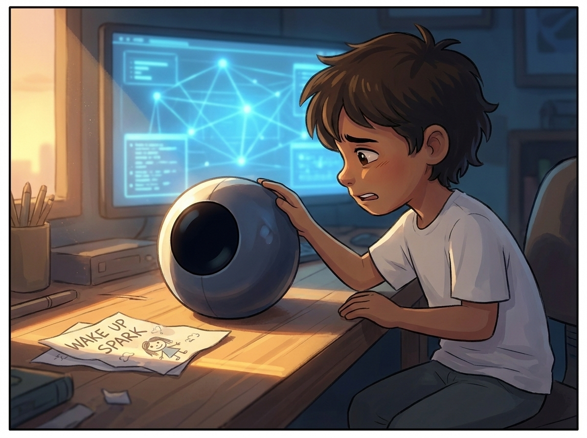 The workbench in new sunlight, Spark's light still dark, Milo leaning in with hand finally resting on the shell, the glowing network blurred behind