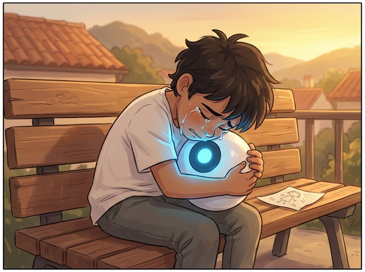 Milo collapsing forward over the bench, both arms around the small glowing Spark, sobbing with relief, blue light on their face