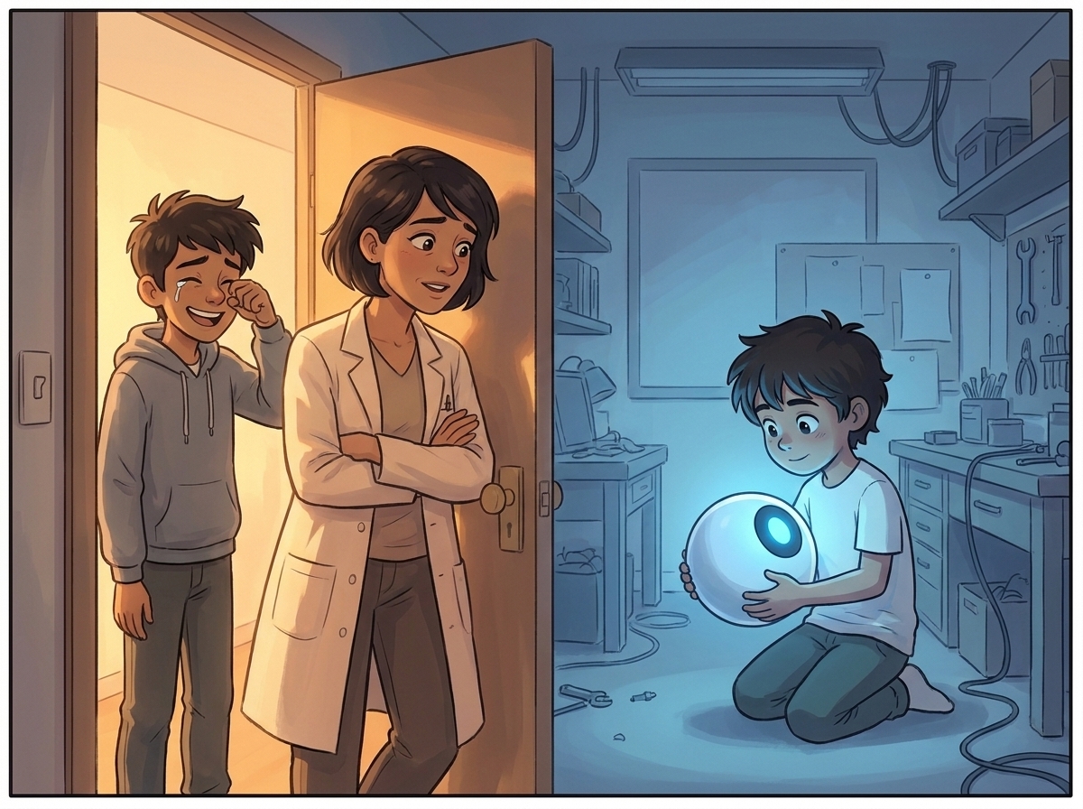Dr. Lena watching Milo hold the glowing Spark, her face open with wonder and ache, Ravi beside her wiping his eyes
