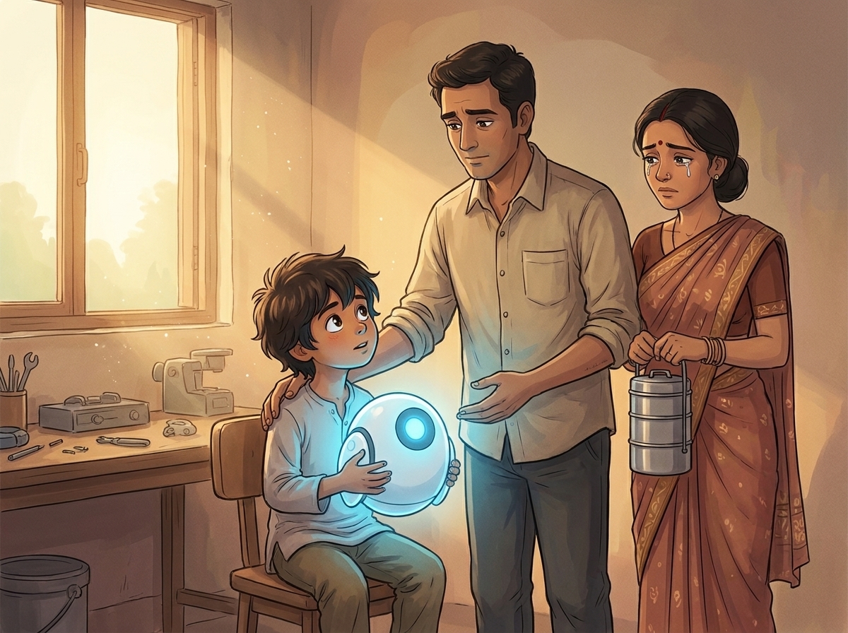 Appa standing beside seated Milo, one hand on Milo's shoulder, his engineer's calm cracking slightly, Amma beside him with a tiffin