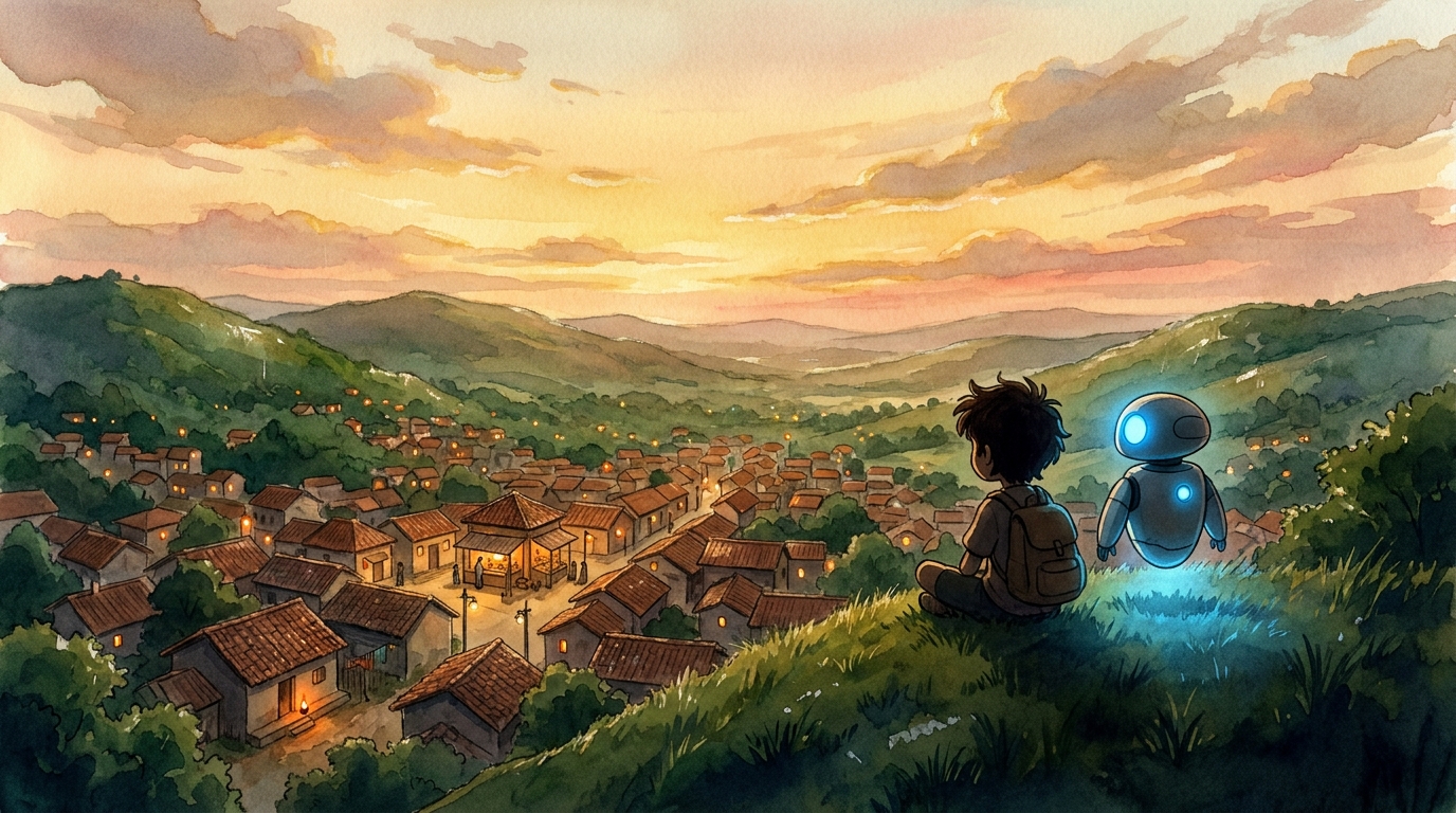 The hill above Willowbrook at evening, washed-clean gold-and-rose sky, town lights below and Mrs. Kamala's lamp burning, Milo and Spark together on the crest