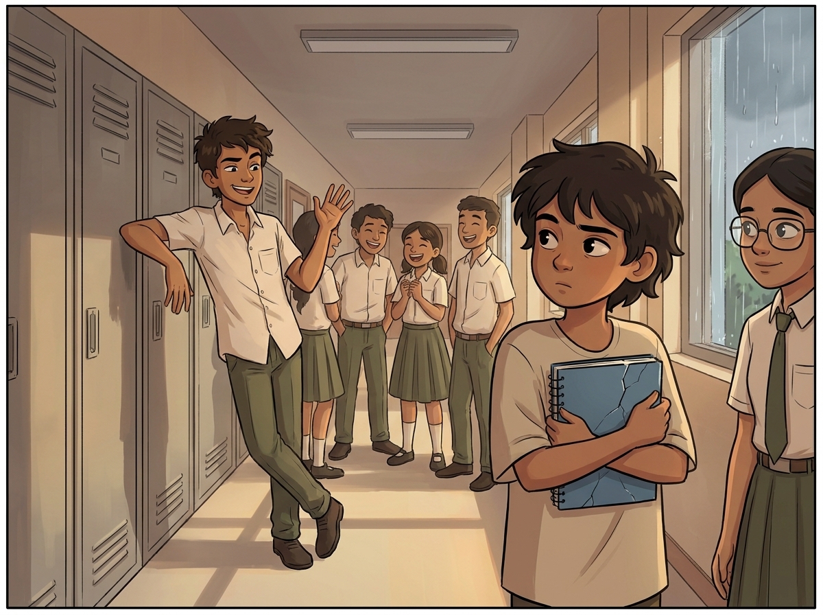 Rohan bragging by the lockers while Milo clutches the cracked blue notebook and listens