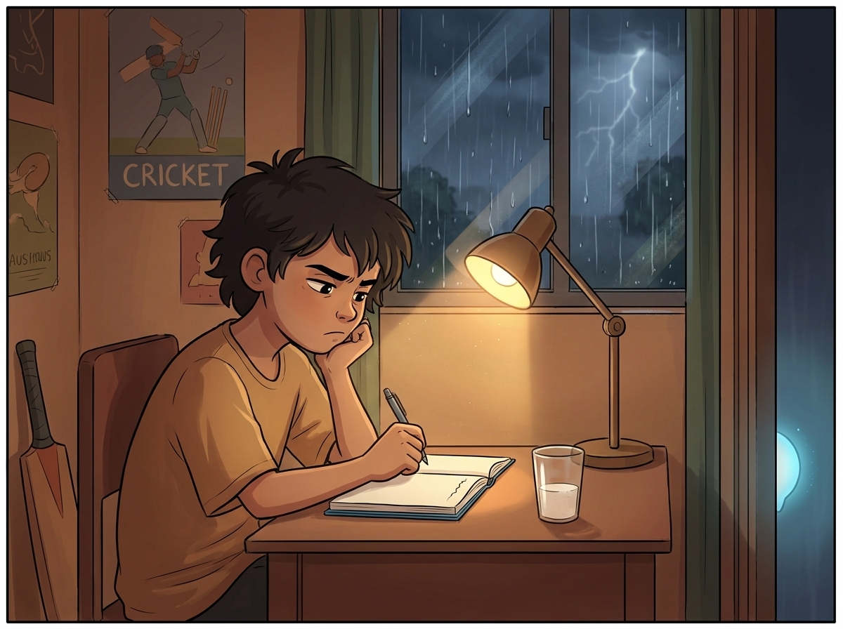 Milo hunched over a blank notebook at a lamp-lit desk as the first raindrops streak the window