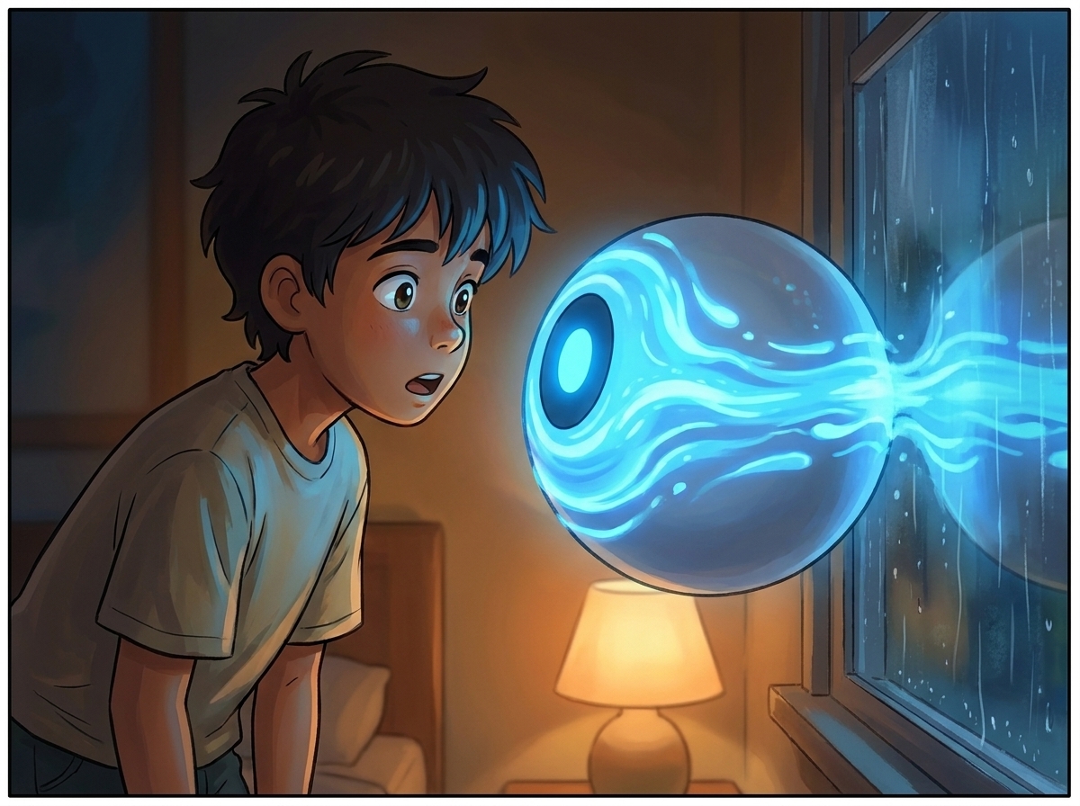 Extreme close-up of Spark's blue light rippling left to right as it generates, reflected on Milo's face