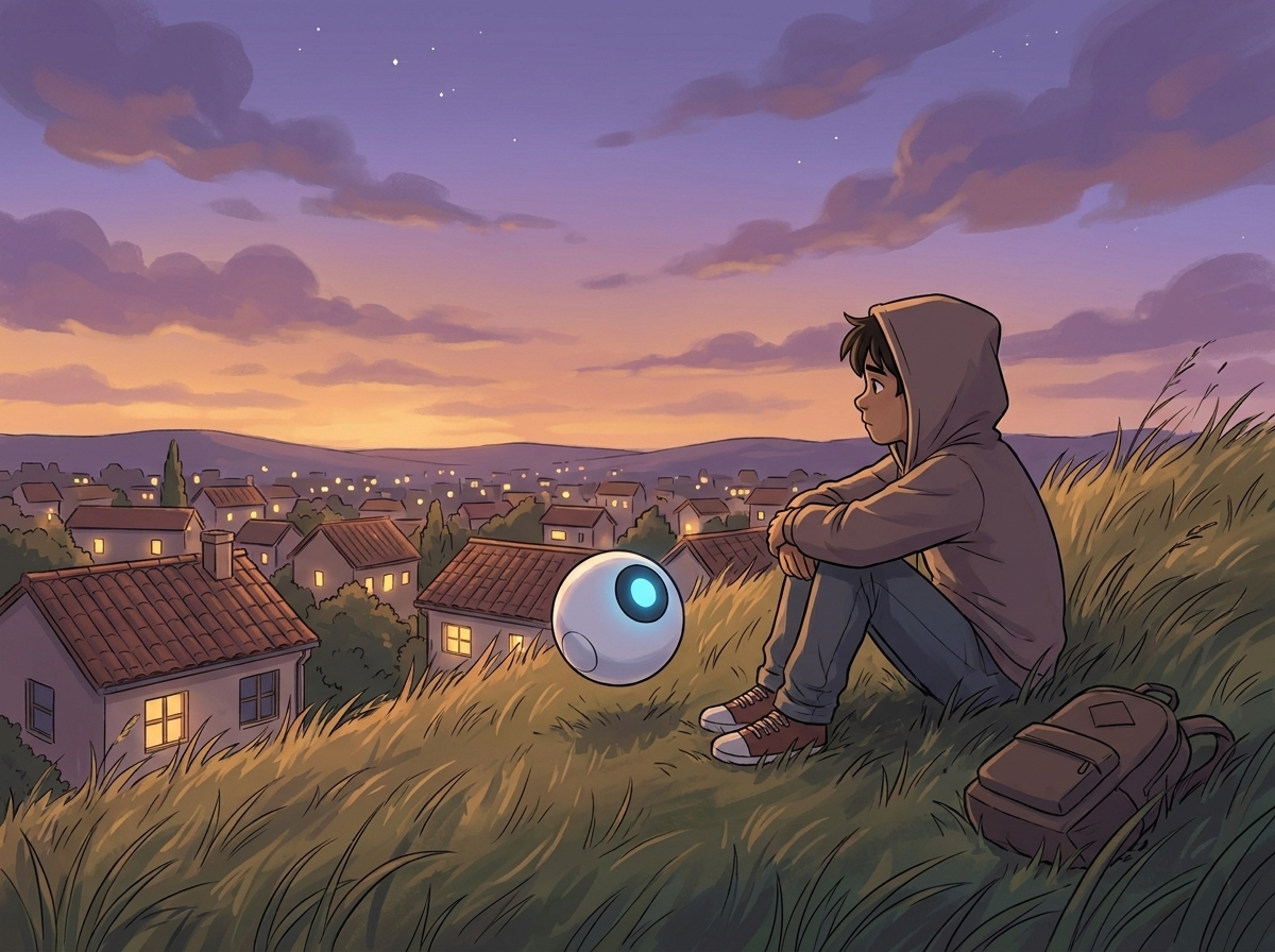 Milo sits on the hill above Willowbrook at dusk, Spark's blue light hovering near in the long grass