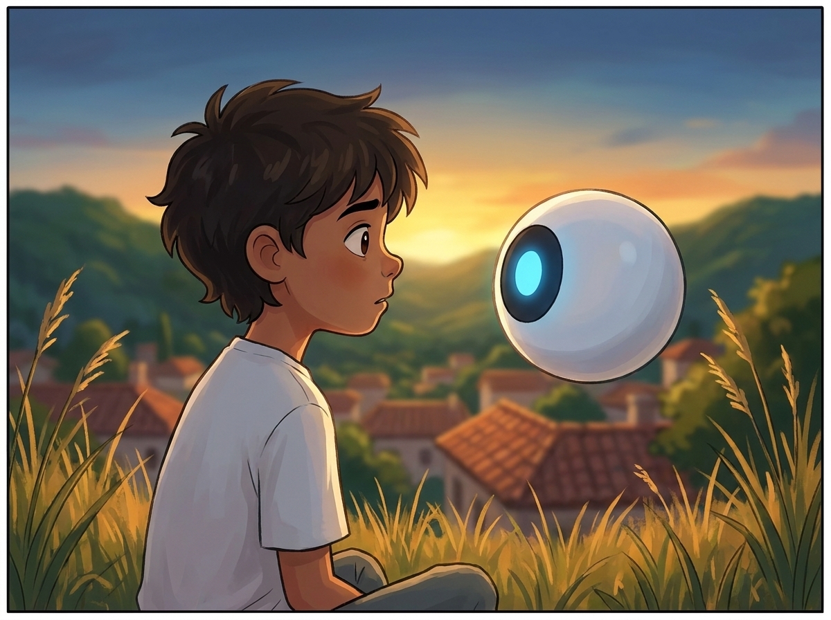 Close two-shot on the hilltop — Milo turned toward Spark, bracing for an answer, Spark's blue light calm and steady