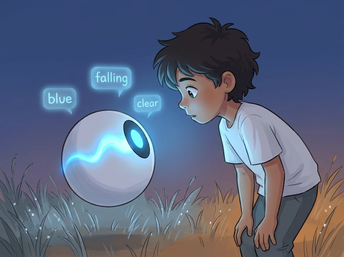 Spark's blue light rippling left to right, faint glowing word-shapes hovering, Milo's face lit blue with fascination