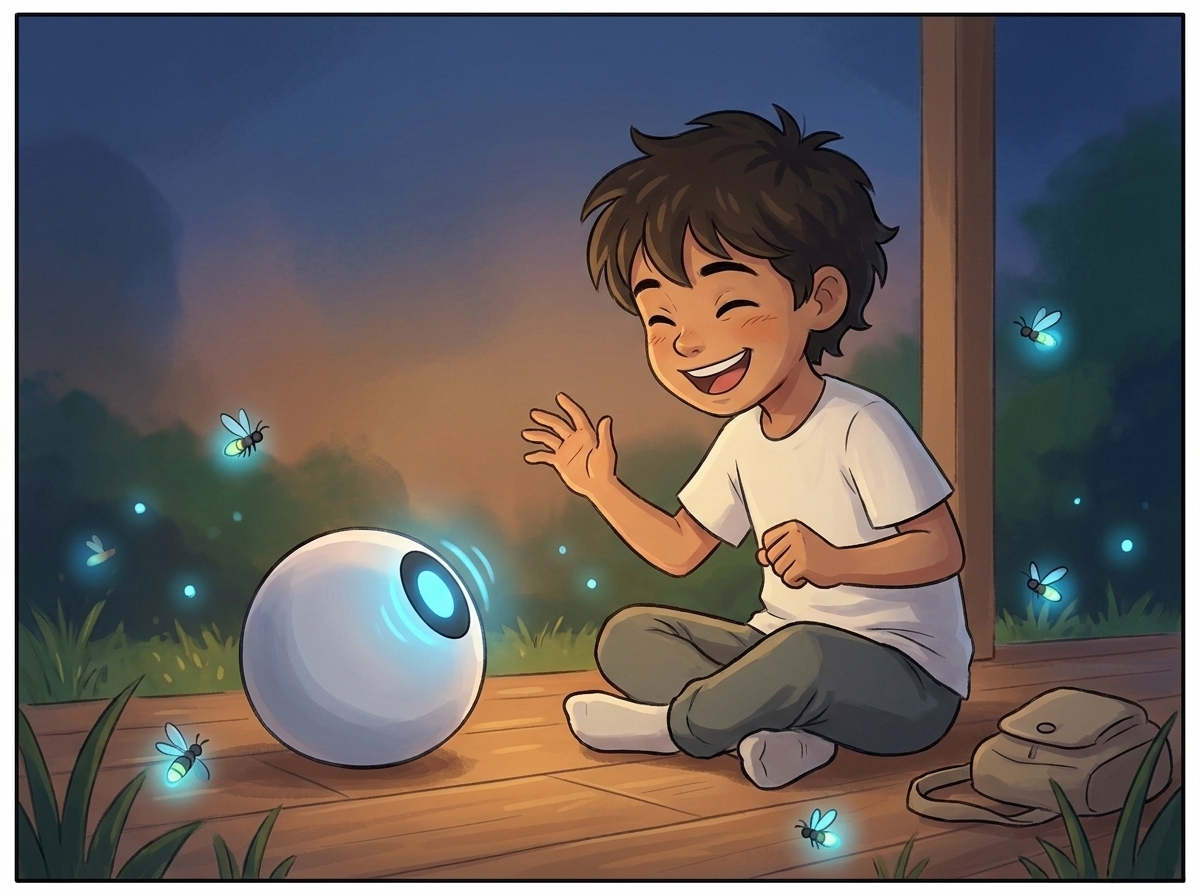 Milo sitting cross-legged, grinning, one hand raised mid-game, Spark's light bright and playful, fireflies in the grass