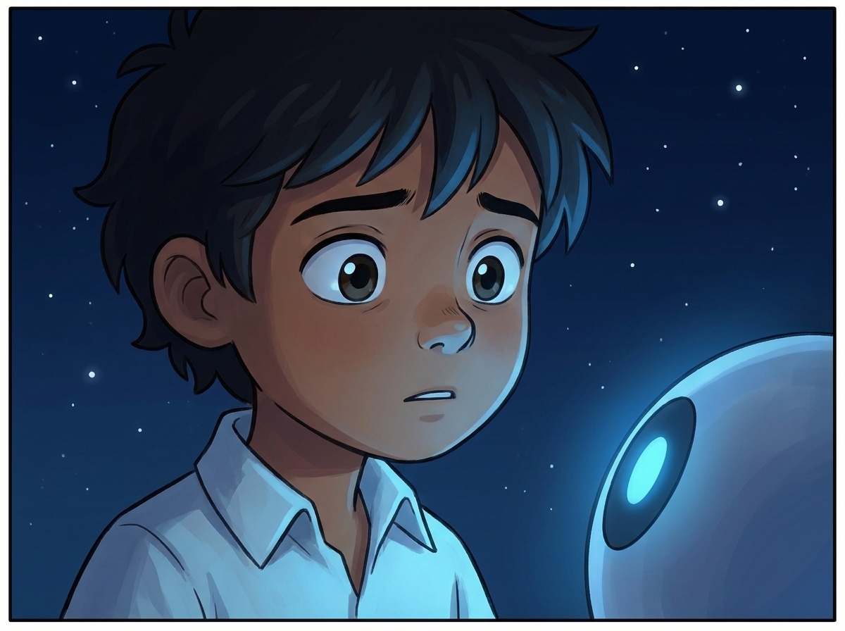 Tight on Milo's face in near-dark, lit only by Spark's blue glow, the grin gone, eyes wide and a little lost