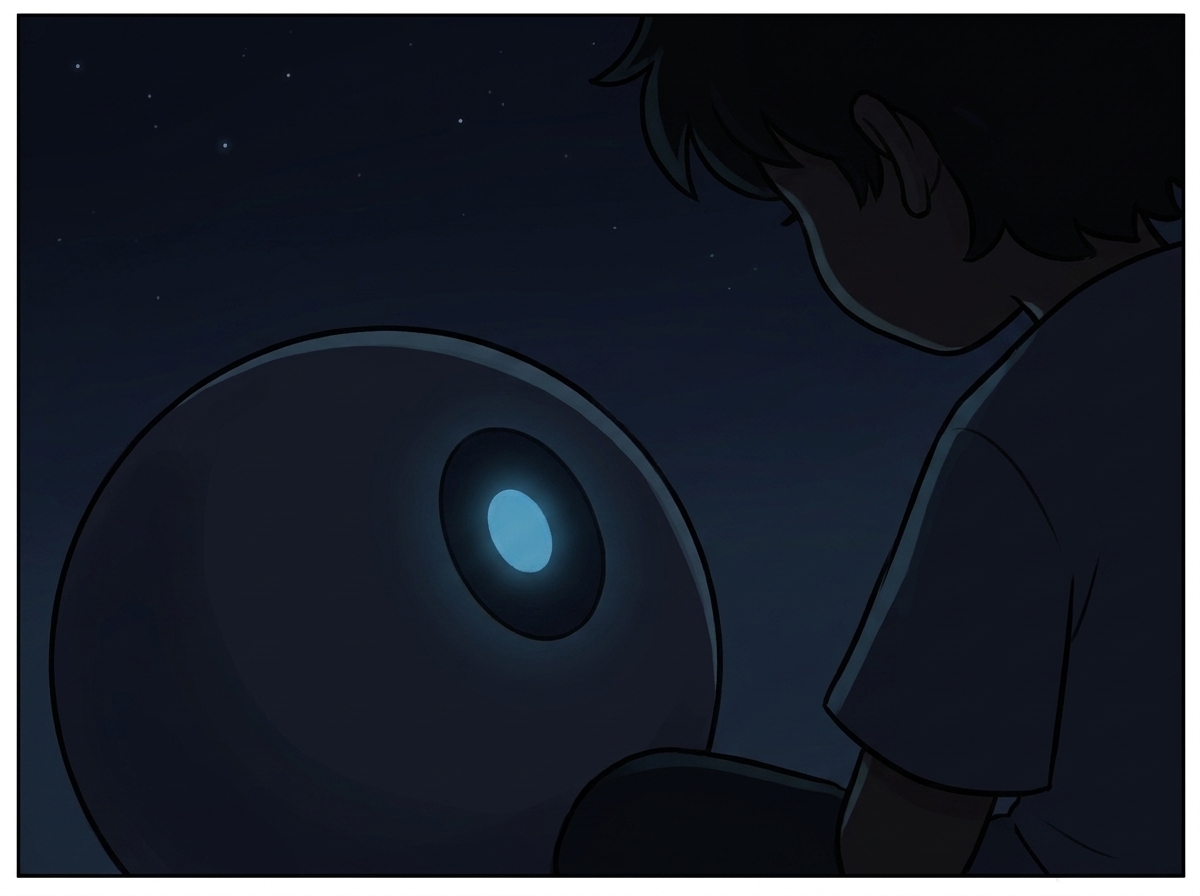 Intimate close-up of Spark alone at its dimmest glow, Milo's silhouette just visible at the edge, listening in the dark