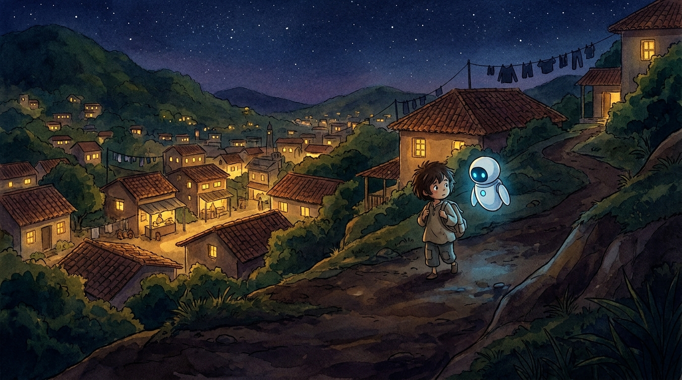 Milo small in the frame, walking down the dark hill path toward the warm windows of home, Spark's tiny blue glow bobbing beside them under a star-thick sky