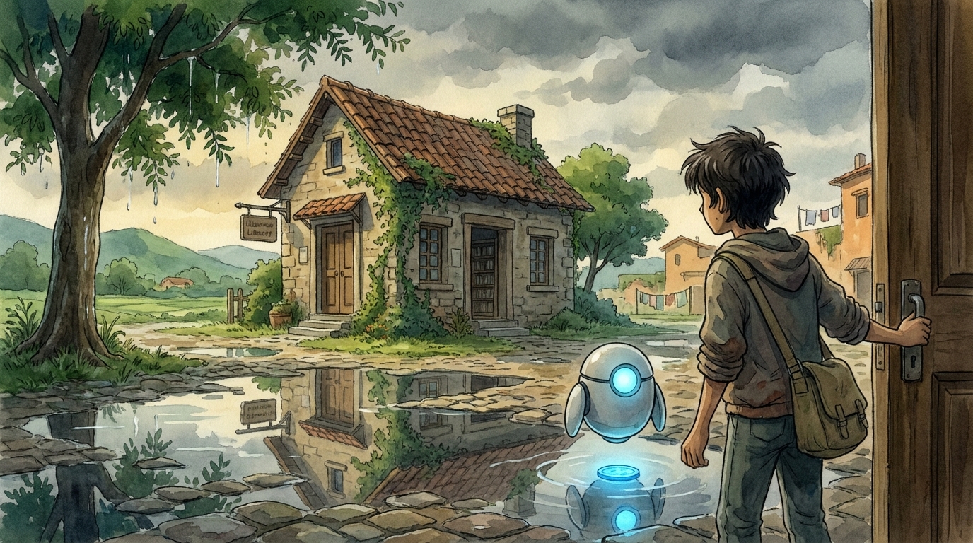 Willowbrook's tiny stone library on a grey-gold morning after rain, Milo pushing the heavy wooden door open with Spark glowing beside them