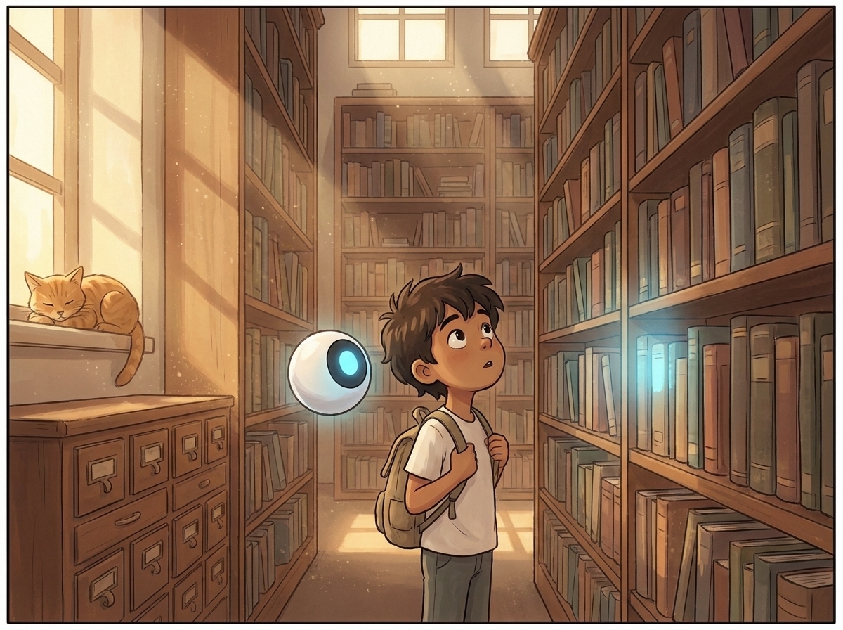 Inside the library, towering wooden shelves crammed with books, Milo looking up in wonder with Spark glowing beside them
