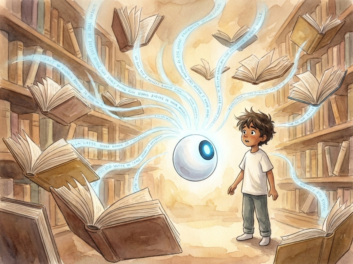 A dreamlike image of every book flying open at once, glowing blue ribbons of words pouring toward Spark at the centre