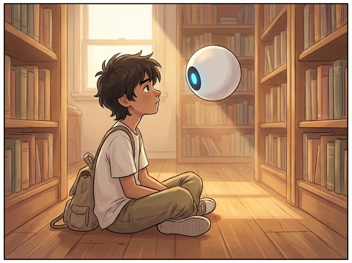 Milo sitting cross-legged on the worn library floor facing Spark at eye level, a single shaft of window light over them both