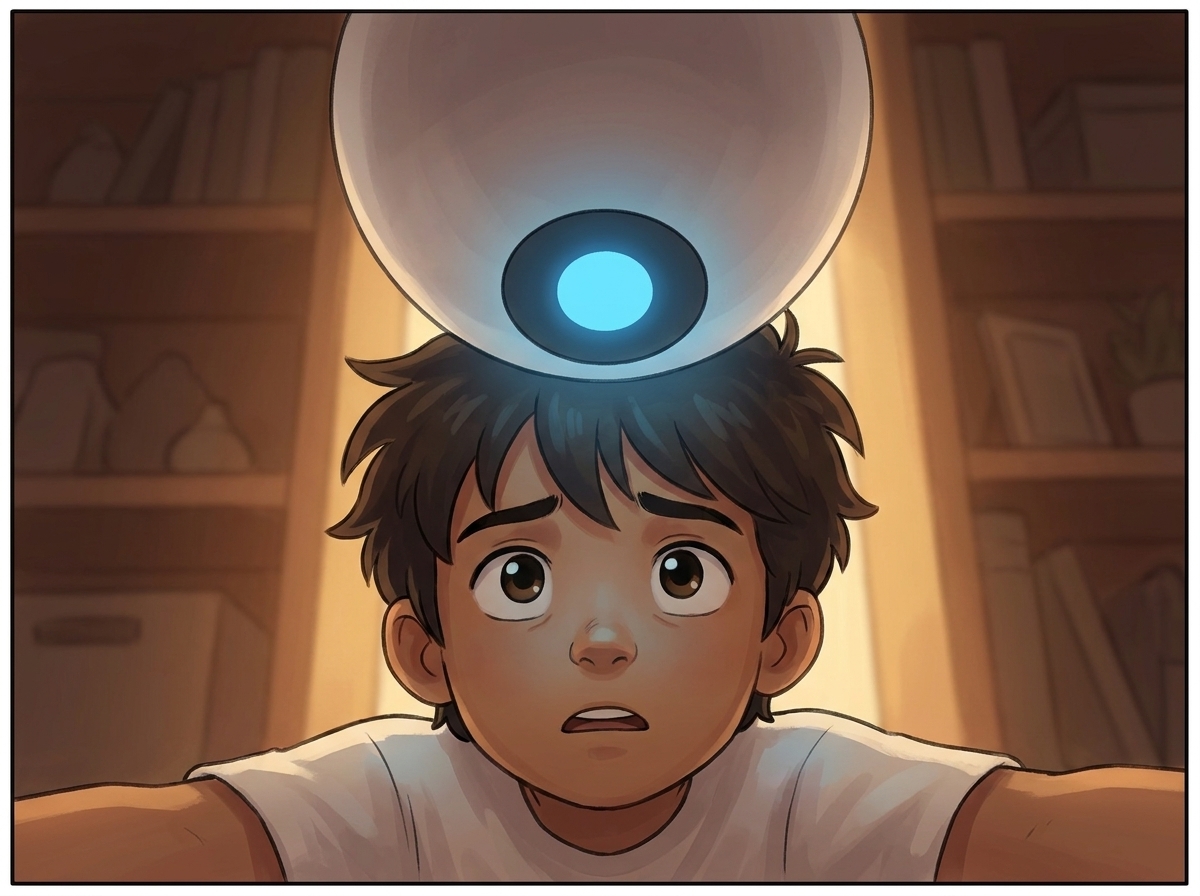 Tight low-angle two-shot, Milo staring up at Spark with a dawning troubled expression as Spark's light glows heavier blue