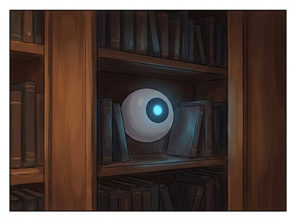 Close portrait of Spark alone against the dark library stacks, its single blue light dimmed to a quiet, honest, confessing glow