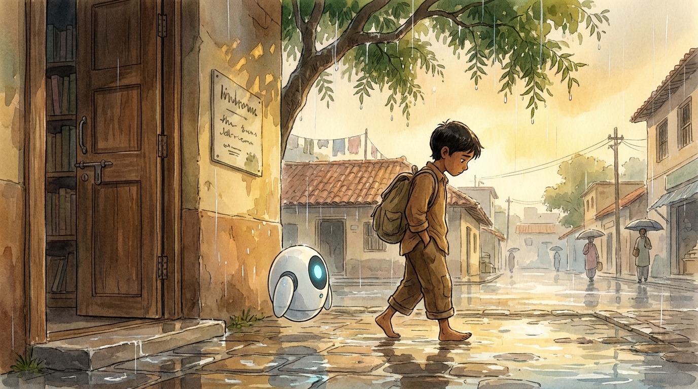 Milo and Spark stepping back out through the library door into the wet grey-gold afternoon, Milo's shoulders low and head down