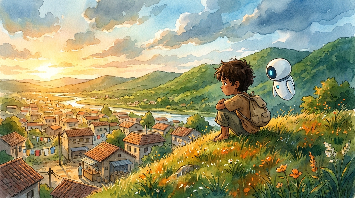 Wide panel of the hill outside Willowbrook at golden hour, Milo sitting small in the foreground gazing at the town below with Spark glowing beside them