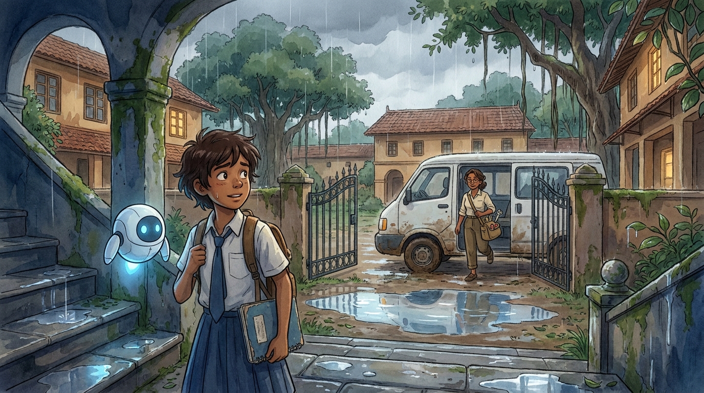 Dr. Lena stepping out of a research van at the rainy school courtyard while Milo and Spark wait on the wet steps