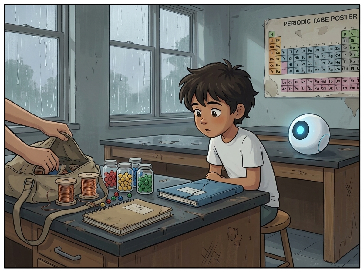 Dr. Lena unpacking wire and jars of coloured beads onto a science lab bench while Milo and Spark watch