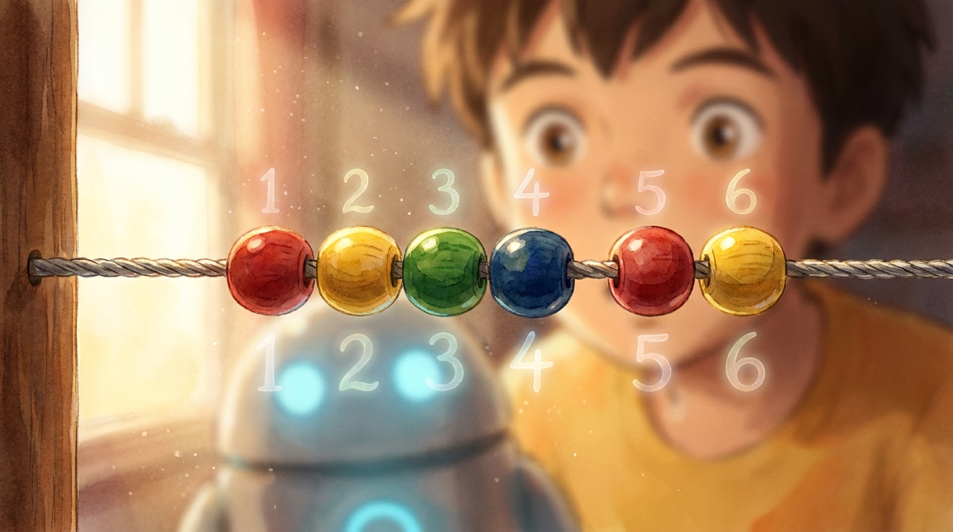 Extreme close-up of six coloured beads on a taut wire, faint ghost-numbers floating beside each