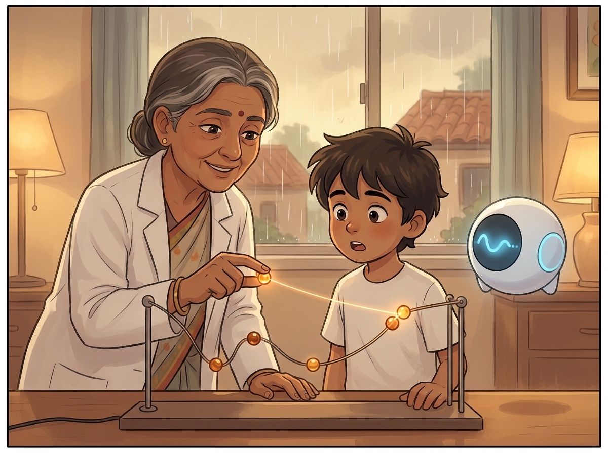Dr. Lena tilting one bead toward another, a faint glowing thread stretching between them, while Spark's light ripples