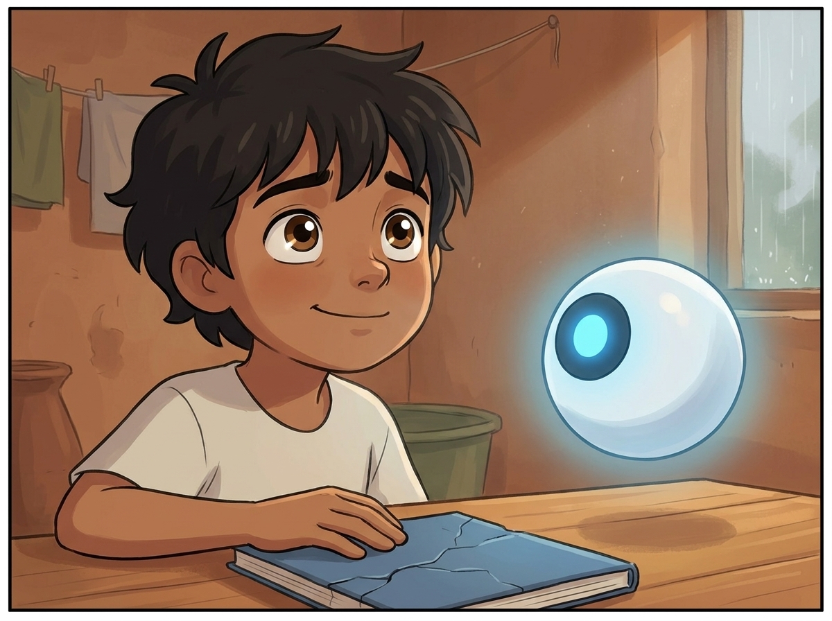 Close-up of Milo's face in the moment of relief and wonder, hand resting on the blue notebook, Spark glowing warm beside them