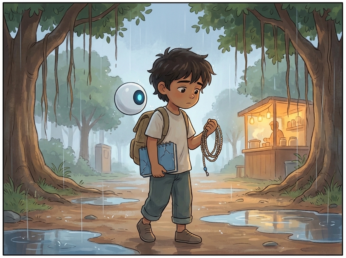 Milo walking home alone along a wet misty lane, blue notebook under one arm and the coiled bead-wire in hand, Spark drifting quietly beside them