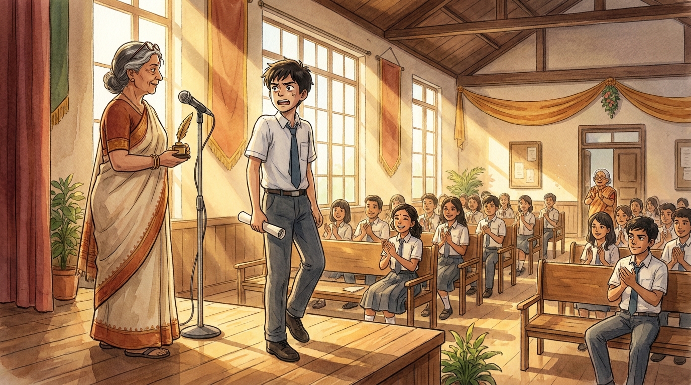 Milo stands frozen on the assembly hall stage holding a brass quill trophy while the school claps below