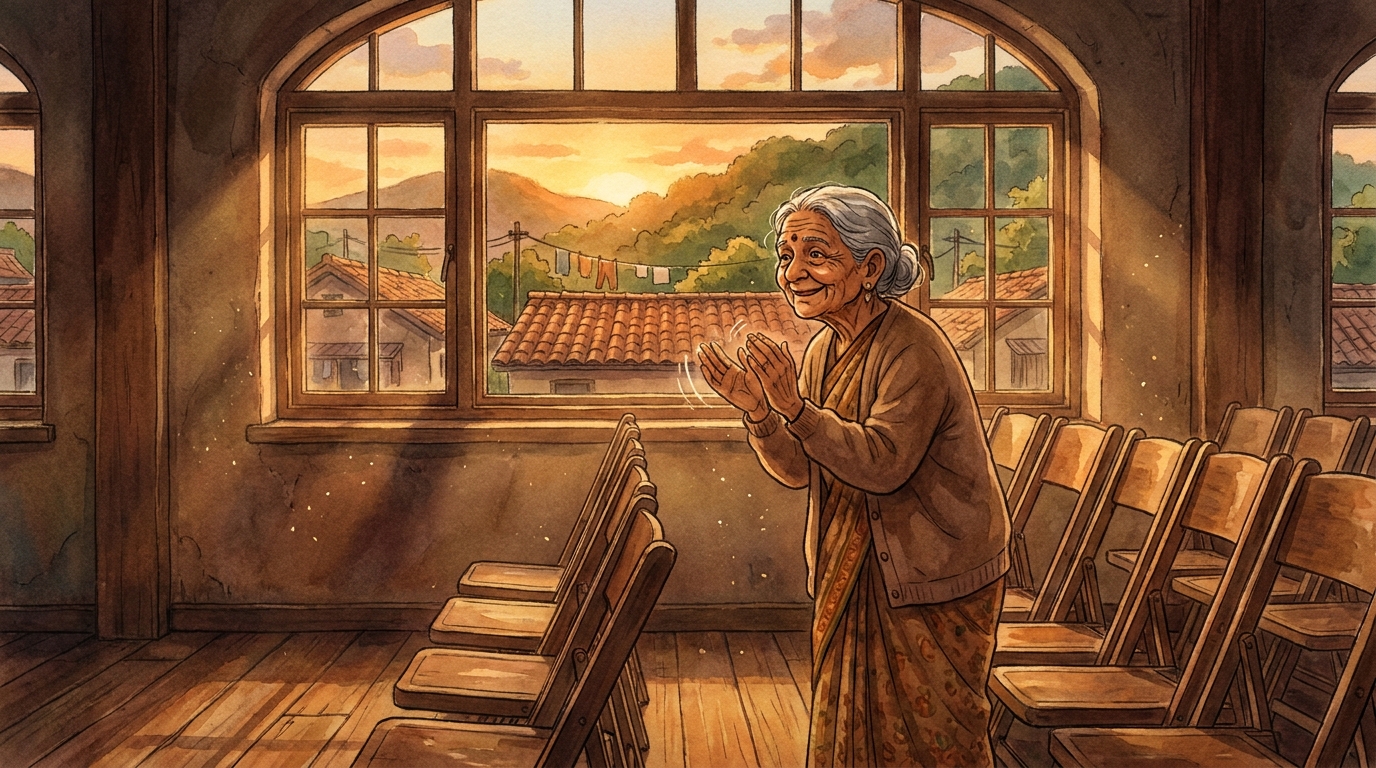 Elderly Mrs. Kamala stands alone at the back of the hall, clapping hardest of all