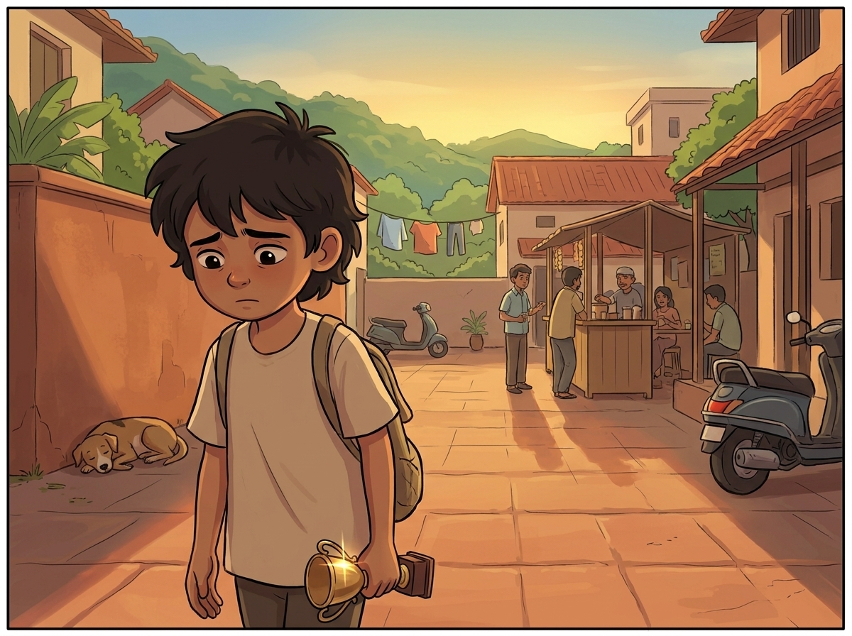 Milo walking home alone through golden-evening Willowbrook, the brass trophy hanging forgotten at their side