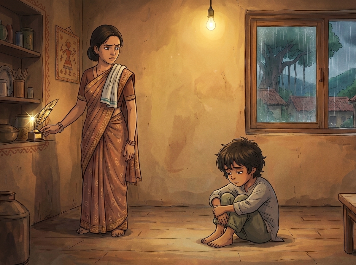 Amma pauses at the shelf with a dishcloth, frowning at the trophy, then turning to look at Milo sitting on the floor