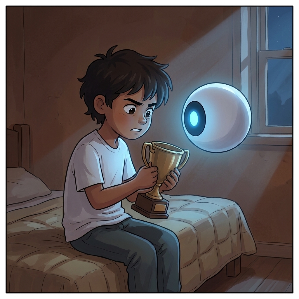 Milo sits on the bed holding the trophy in both hands as Spark hovers close, its blue light glowing steady and present