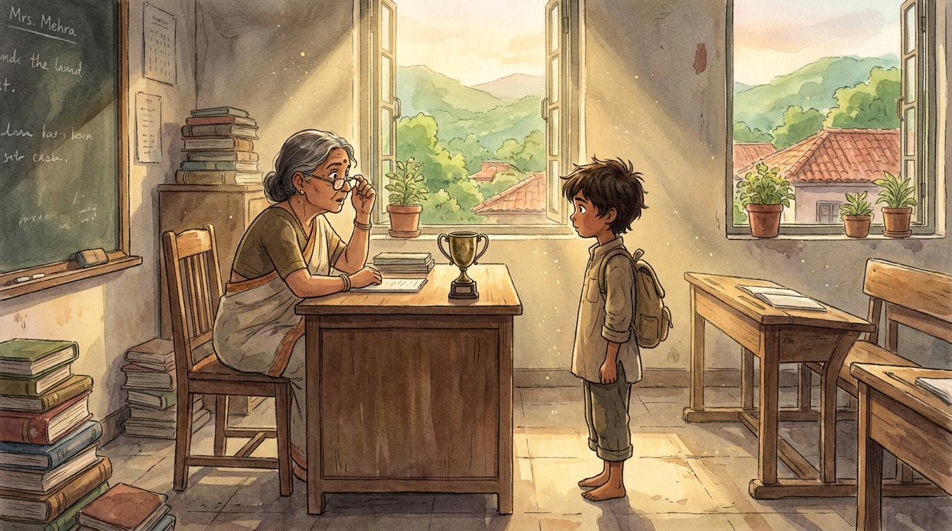 Milo stands before Mrs. Mehra's desk in the morning classroom, the brass trophy set down between them like a confession made solid