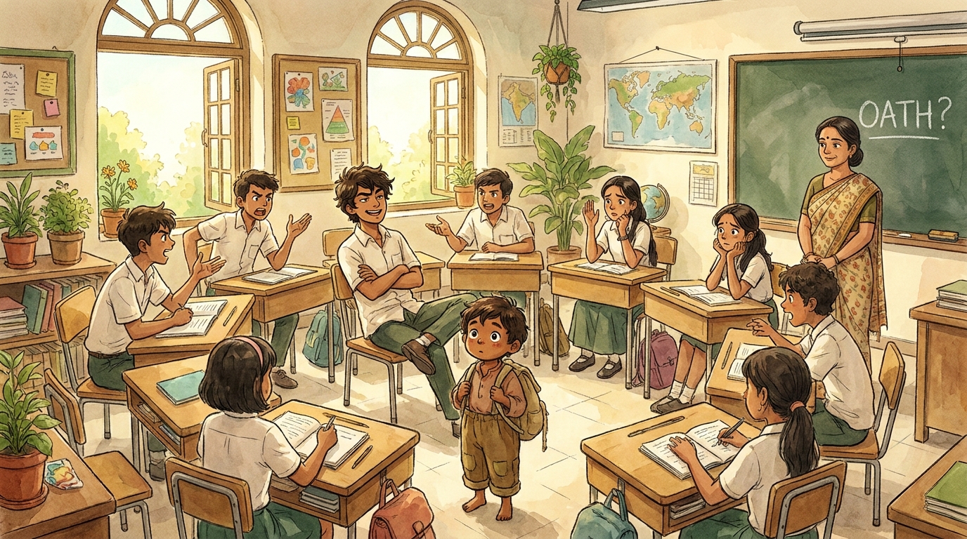 The full classroom mid-debate, desks in a loose circle, Rohan smirking, Priya earnest, the word OATH on the chalkboard