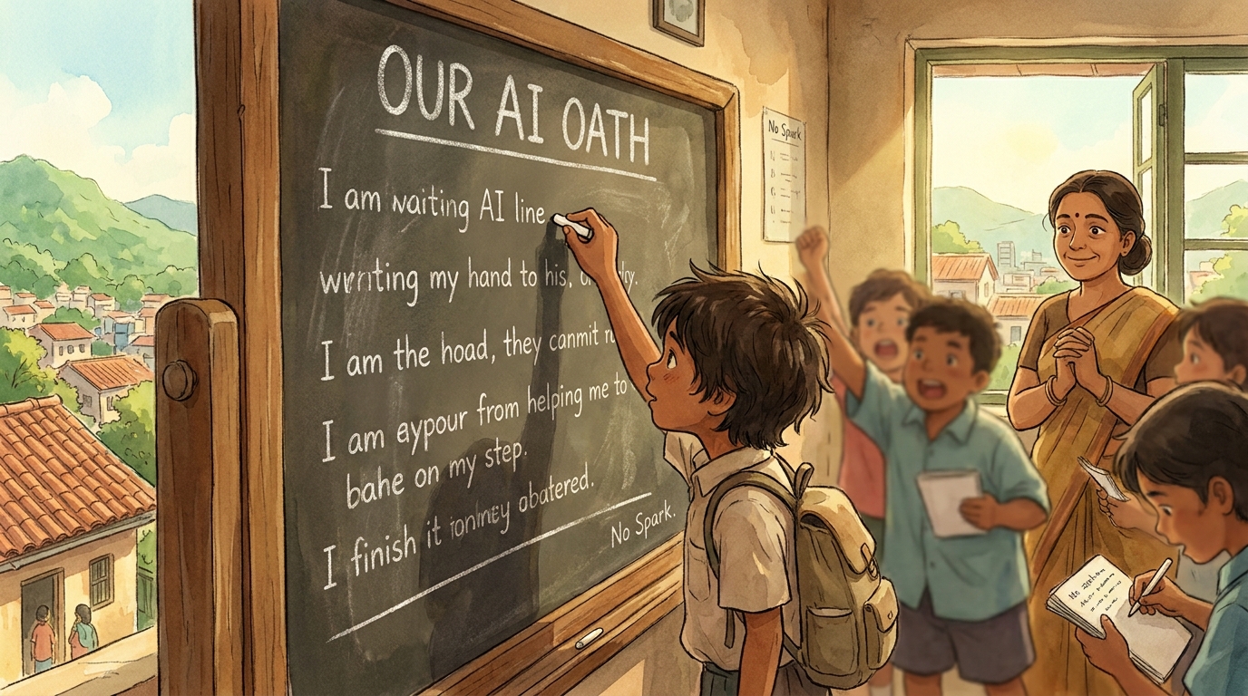 Milo's hand at the chalkboard writing under the heading OUR AI OATH while classmates lean in and call out lines