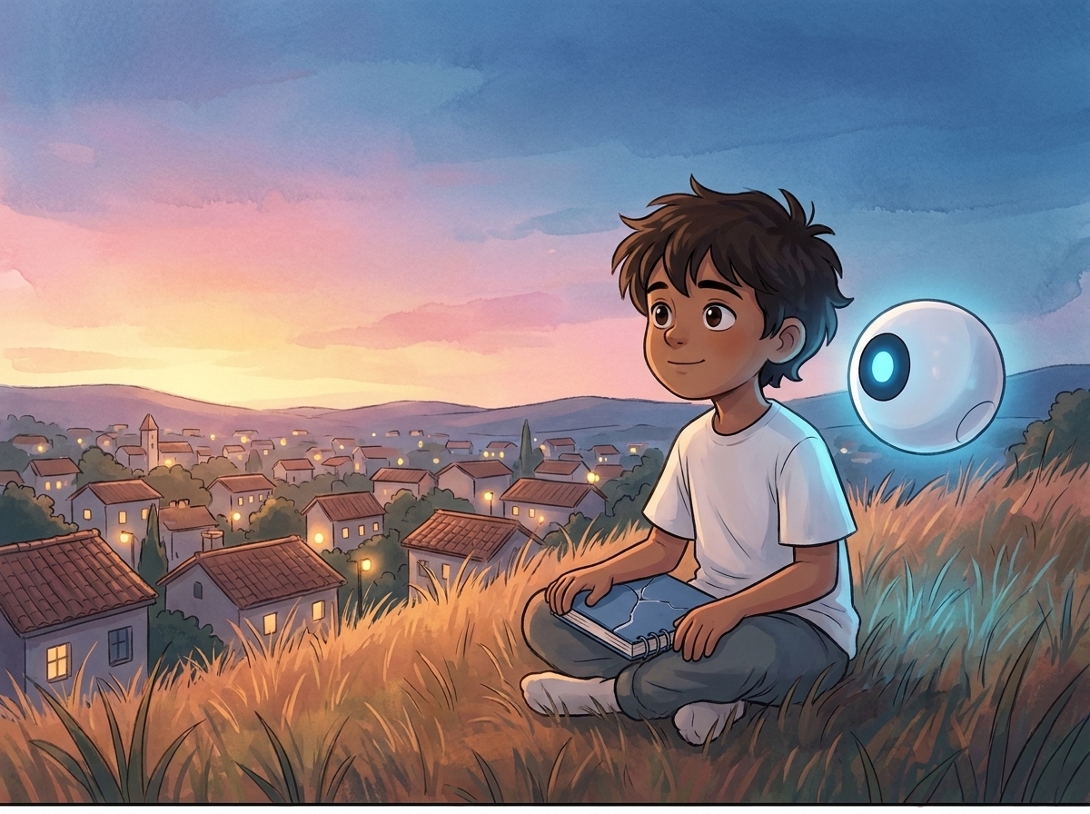 Milo sits in the grass on the hill at dusk, the closed blue notebook on their knees, Spark glowing steady beside them, the town lights coming on below