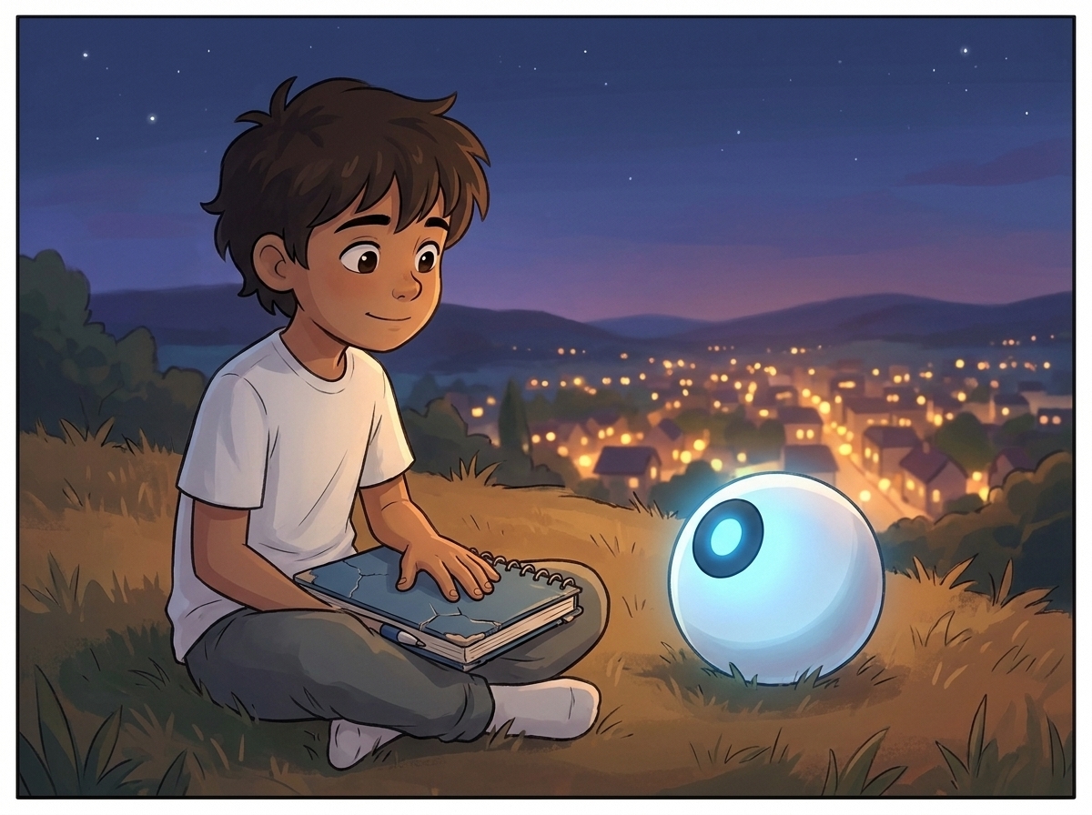 The cracked blue notebook resting closed on Milo's knees in the dusk grass, a pen tucked in the spiral, Spark's steady blue light beside it