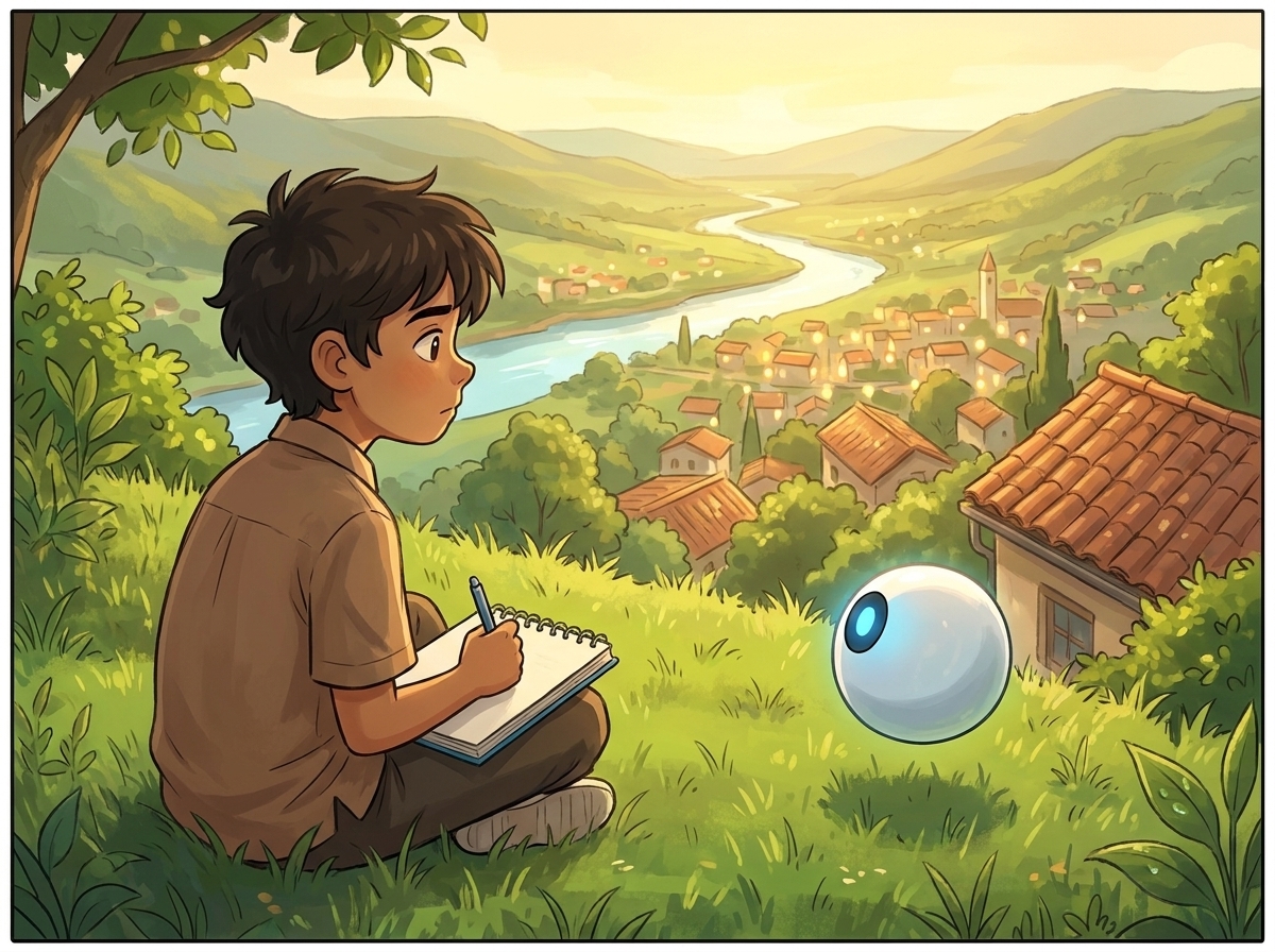 Milo sitting on the hill above Willowbrook at golden hour, a blank blue notebook open on their knees, Spark glowing steady in the grass