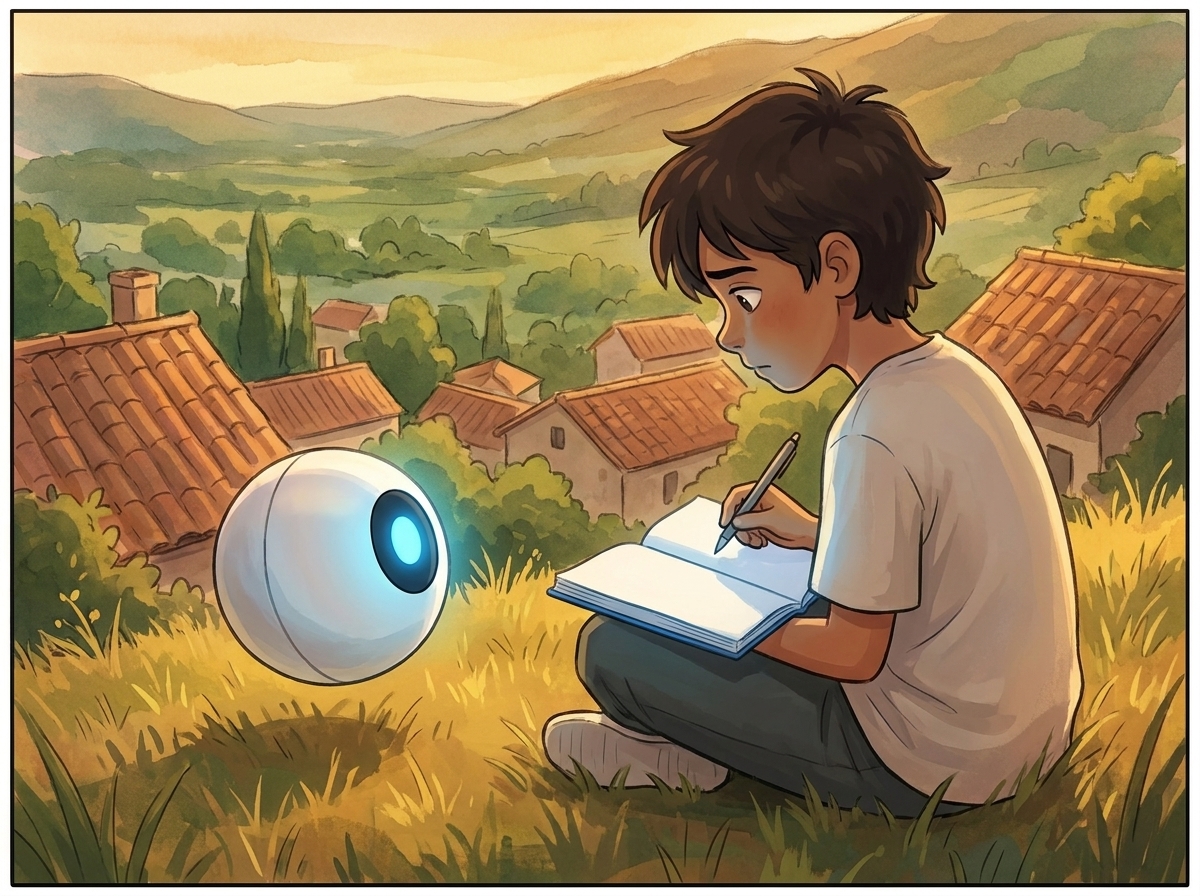 Close two-shot on the hill: Milo looking down at the empty page with doubt, pen hovering, Spark glowing a calm steady blue beside them