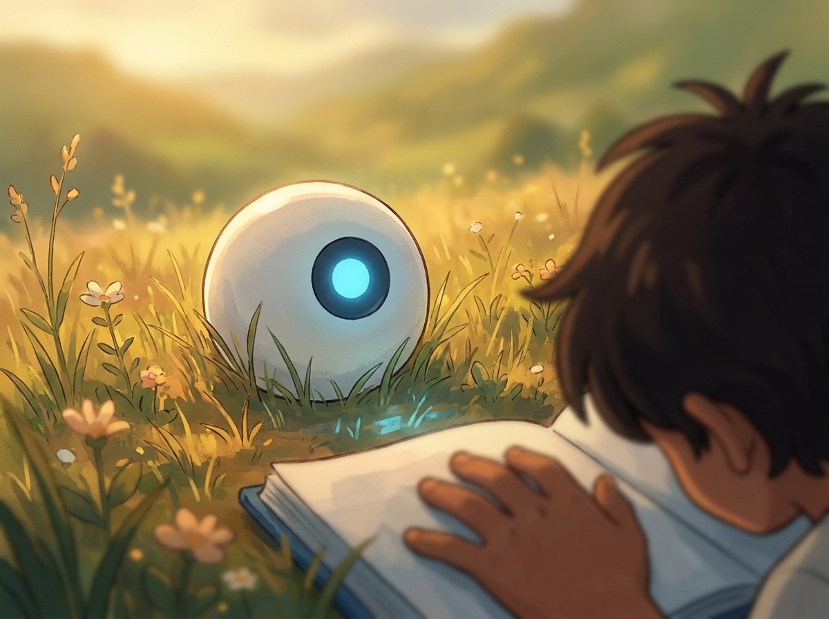 Intimate close-up of Spark's single blue light glowing soft, steady, and slightly dimmed, with the edge of Milo's hand resting on the open notebook
