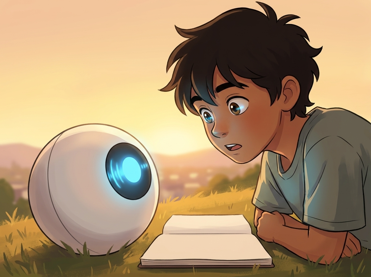 Close-up of Spark's blue light caught mid-ripple, the shimmer running left-to-right, Milo leaning in watching with dawning understanding