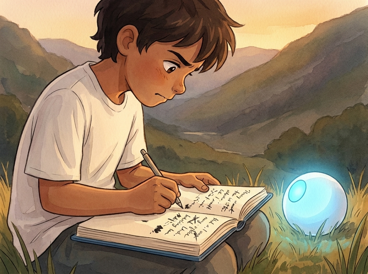 Tight warm shot of Milo's hands and the notebook filling with slanted, crossed-out handwriting, Spark glowing perfectly steady beside it