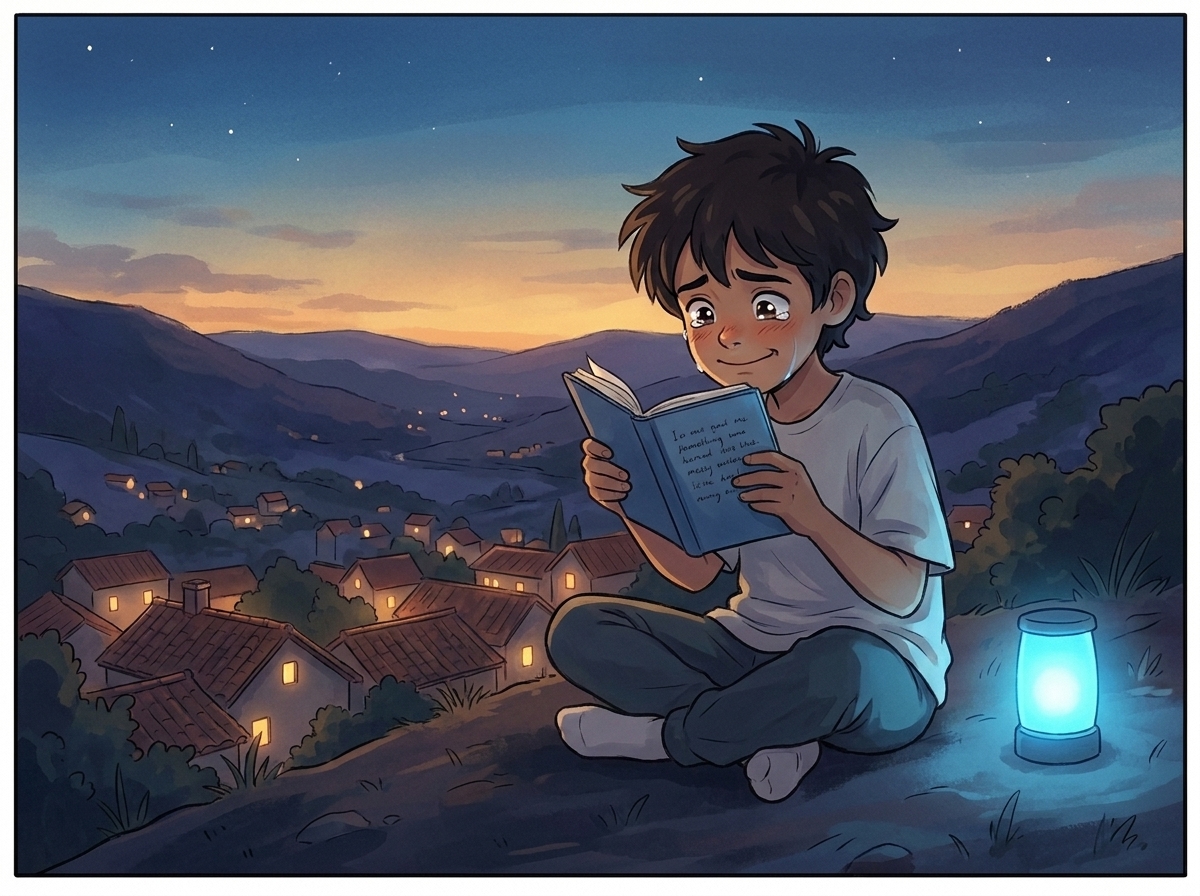Milo sitting cross-legged on the darkening hill at dusk, reading their own messy handwriting back, eyes bright, Spark's steady light glowing like a small lantern