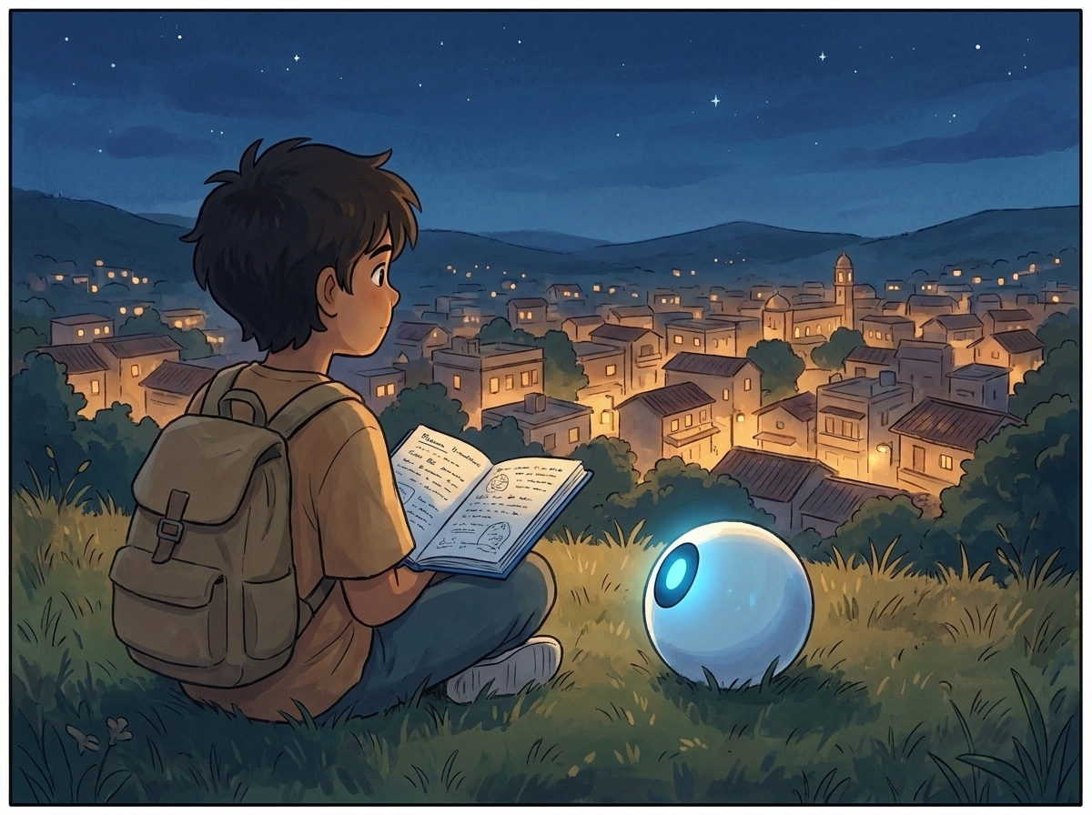 Wide warm closing two-shot on the night hill: Milo with the finished handwritten essay on their knees, Spark glowing a calm steady blue like a lantern, both facing the lamp-lit town and first stars