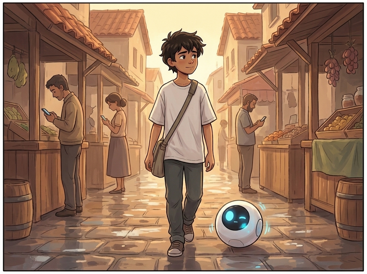 Milo at fifteen walking slowly through the quiet market, Spark rolling at his side with an uneasy flicker